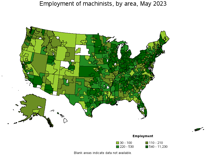 Map of employment of machinists by area, May 2021