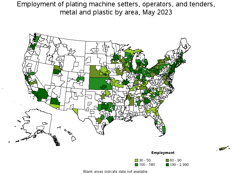 Map of employment of plating machine setters, operators, and tenders, metal and plastic by area, May 2022