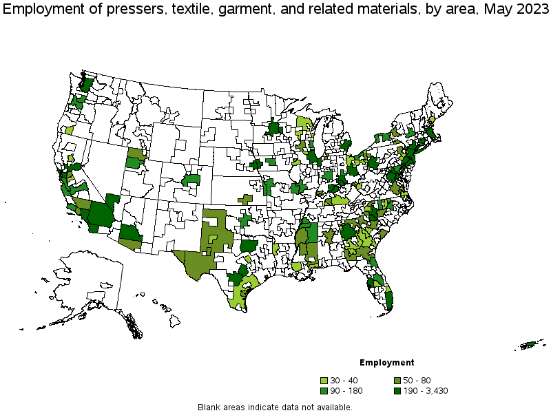 Map of employment of pressers, textile, garment, and related materials by area, May 2022