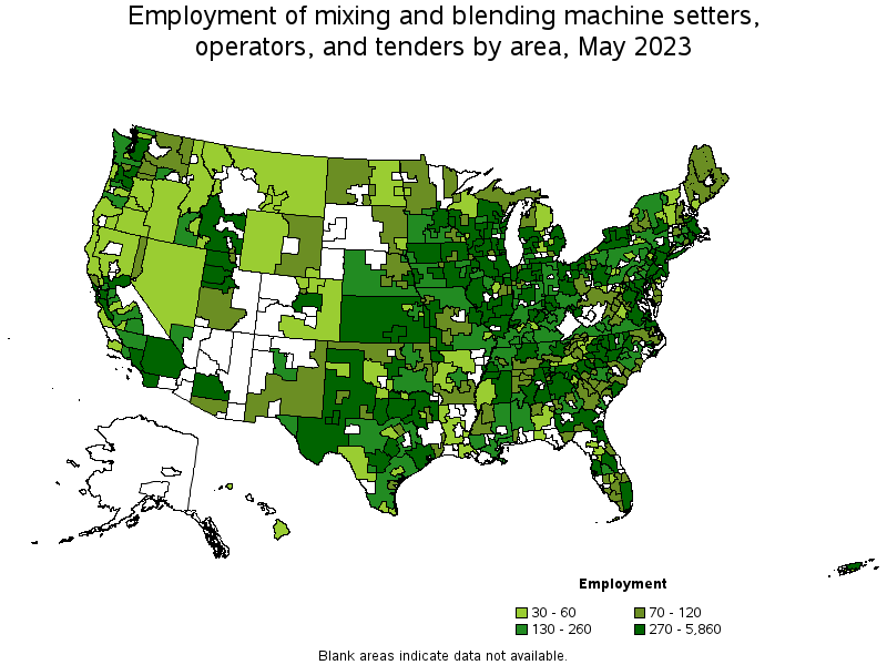 Map of employment of mixing and blending machine setters, operators, and tenders by area, May 2021