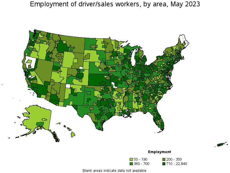 Map of employment of driver/sales workers by area, May 2021