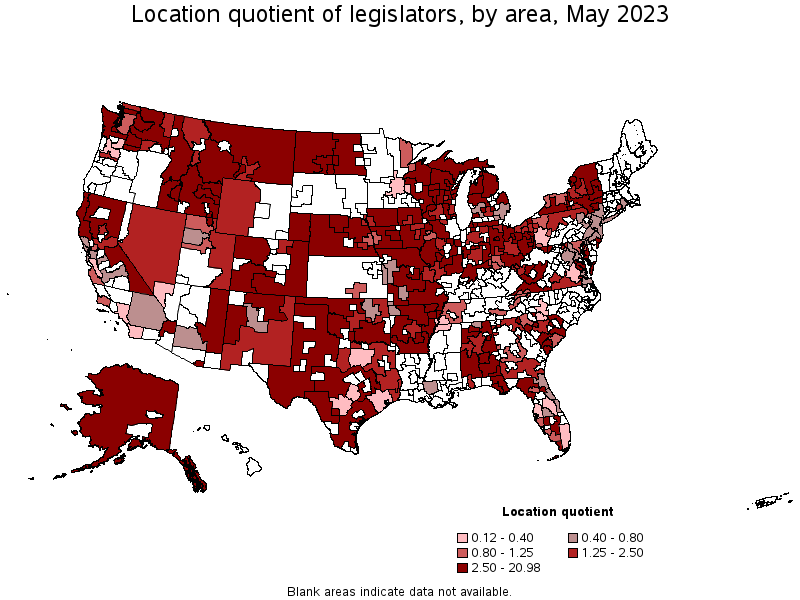 Map of location quotient of legislators by area, May 2022