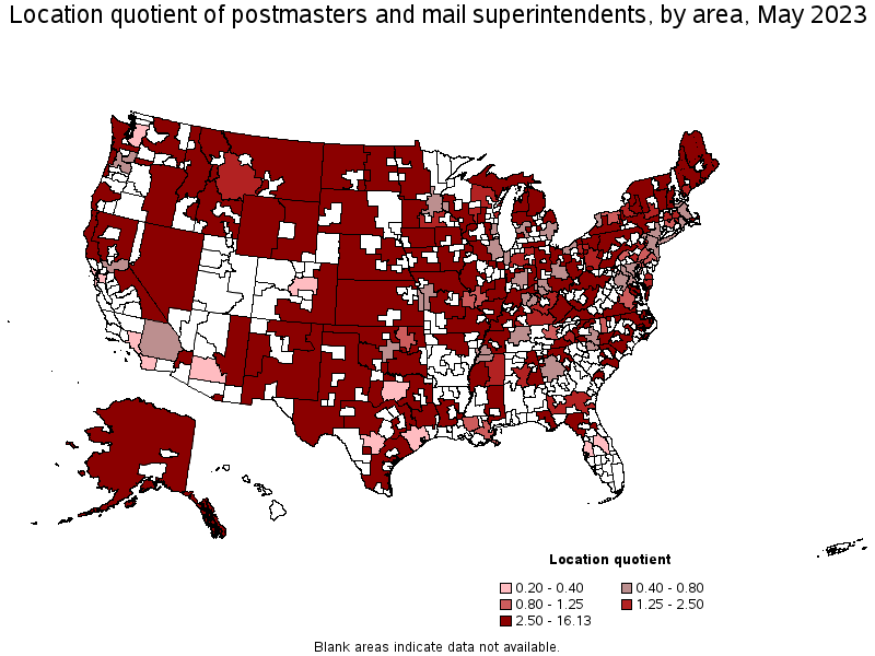 Map of location quotient of postmasters and mail superintendents by area, May 2021