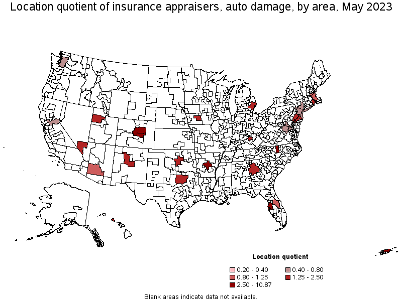 Map of location quotient of insurance appraisers, auto damage by area, May 2022