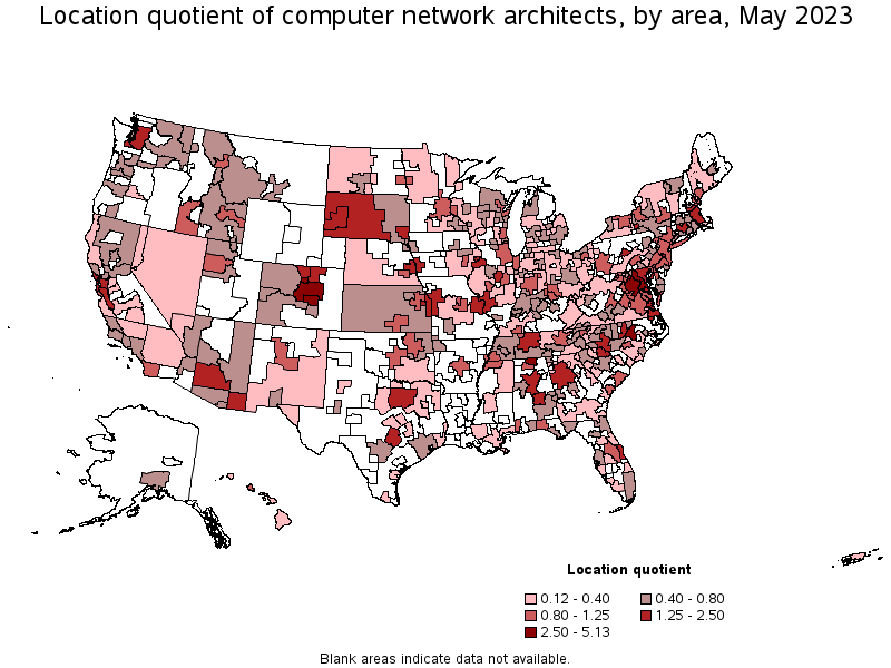 Map of location quotient of computer network architects by area, May 2022