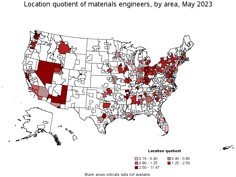 Map of location quotient of materials engineers by area, May 2022