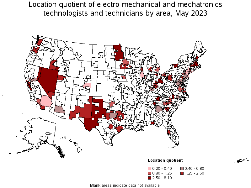 Map of location quotient of electro-mechanical and mechatronics technologists and technicians by area, May 2022