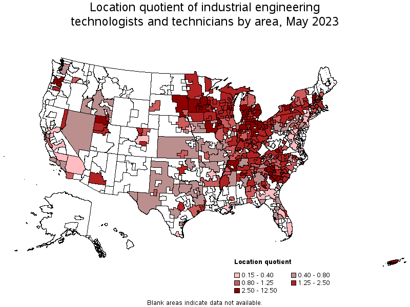 Map of location quotient of industrial engineering technologists and technicians by area, May 2022