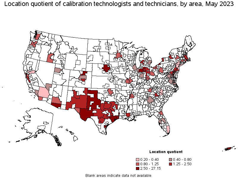 Map of location quotient of calibration technologists and technicians by area, May 2022