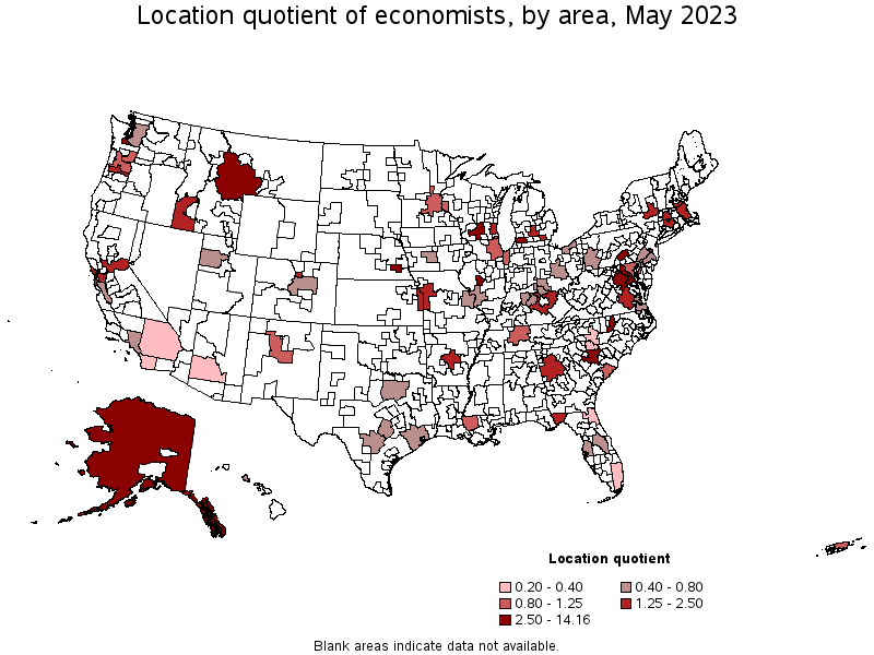Map of location quotient of economists by area, May 2022