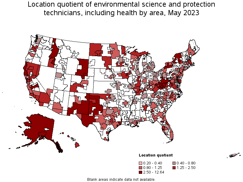 Map of location quotient of environmental science and protection technicians, including health by area, May 2021