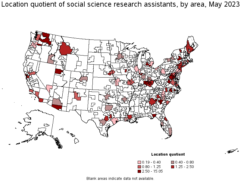 Map of location quotient of social science research assistants by area, May 2022