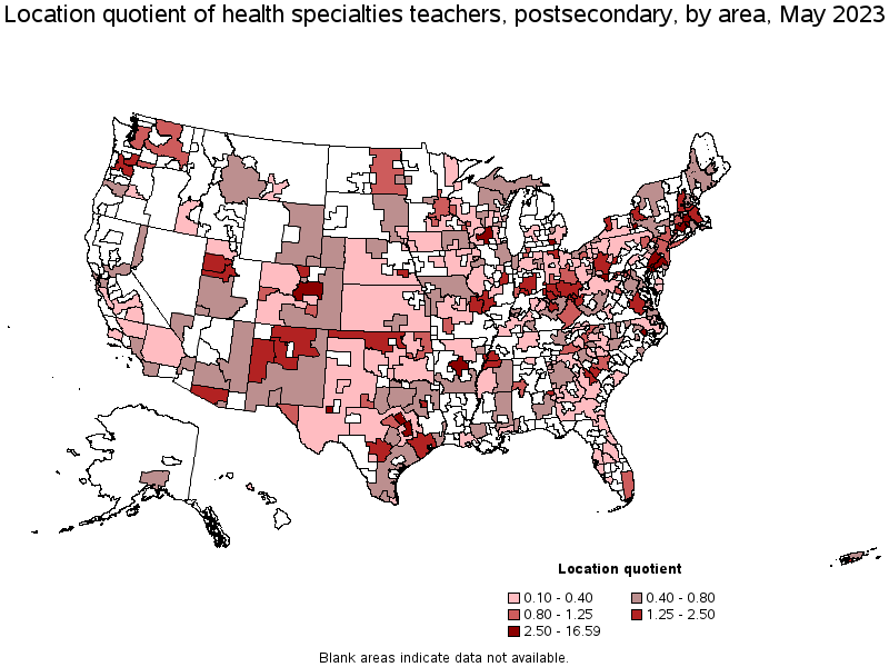 Map of location quotient of health specialties teachers, postsecondary by area, May 2021