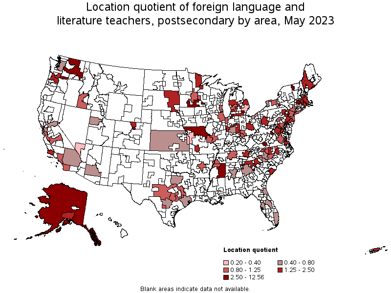 Map of location quotient of foreign language and literature teachers, postsecondary by area, May 2021