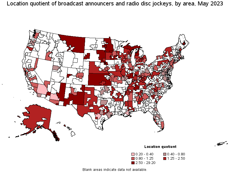 Map of location quotient of broadcast announcers and radio disc jockeys by area, May 2021