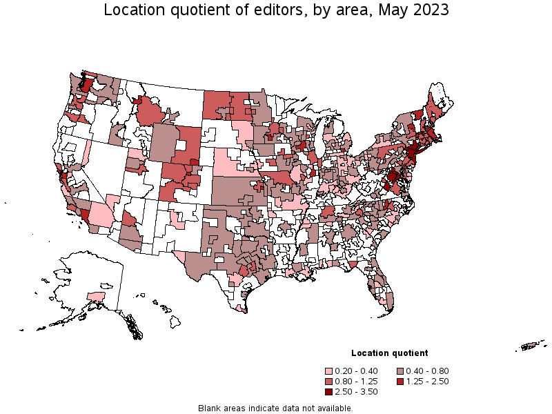 Map of location quotient of editors by area, May 2022
