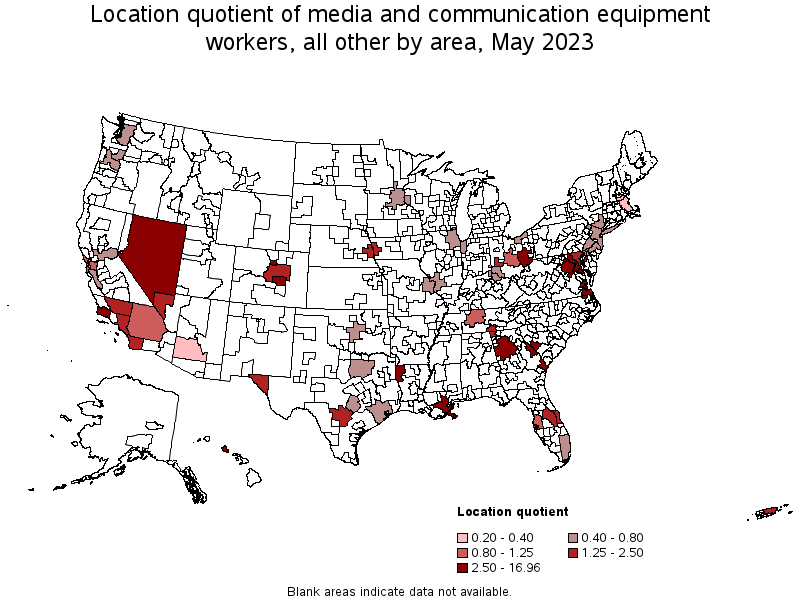 Map of location quotient of media and communication equipment workers, all other by area, May 2021