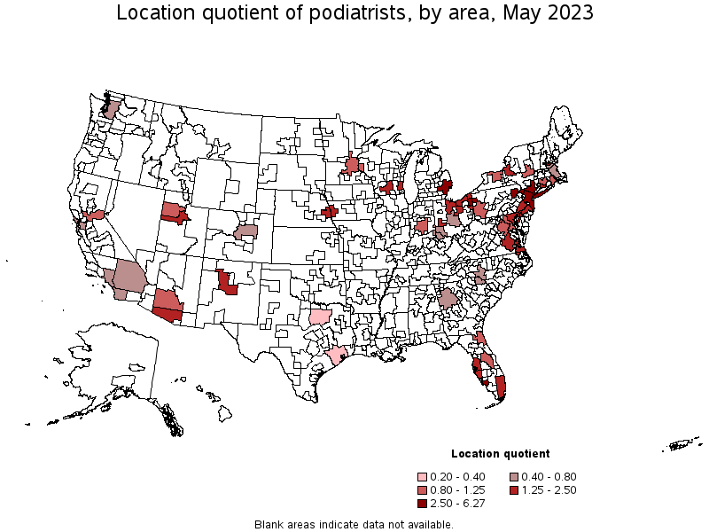 Map of location quotient of podiatrists by area, May 2021