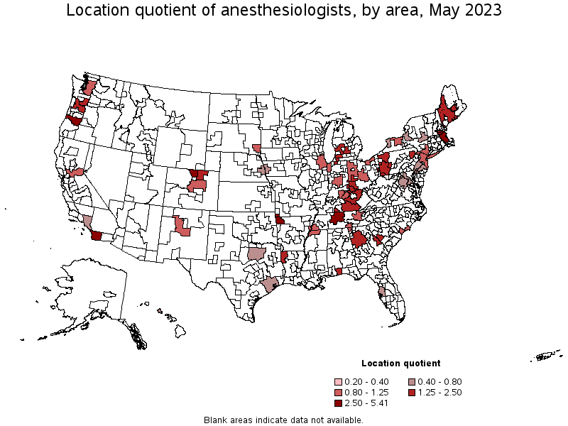 Map of location quotient of anesthesiologists by area, May 2021