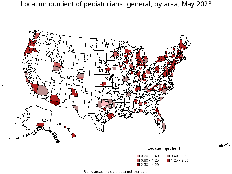 Map of location quotient of pediatricians, general by area, May 2022