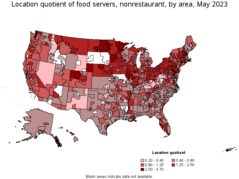 Map of location quotient of food servers, nonrestaurant by area, May 2022