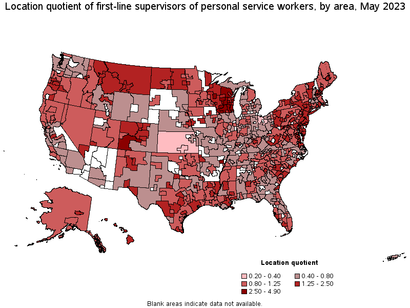 Map of location quotient of first-line supervisors of personal service workers by area, May 2022