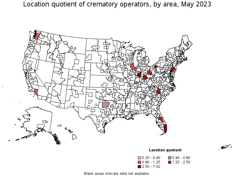 Map of location quotient of crematory operators by area, May 2022