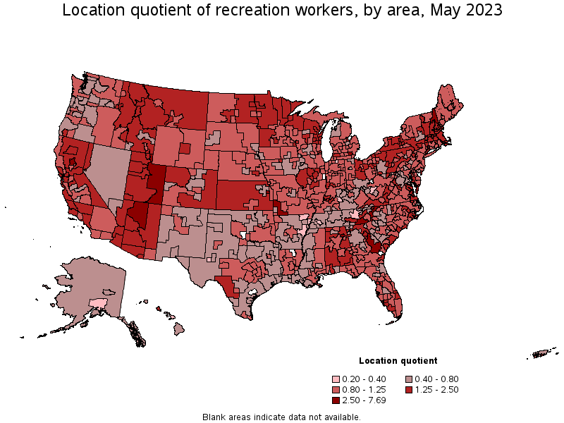 Map of location quotient of recreation workers by area, May 2022