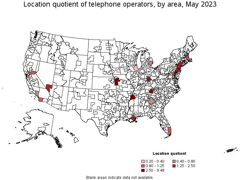 Map of location quotient of telephone operators by area, May 2022