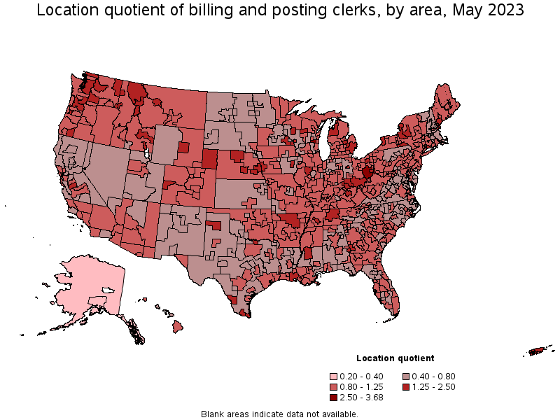 Map of location quotient of billing and posting clerks by area, May 2022