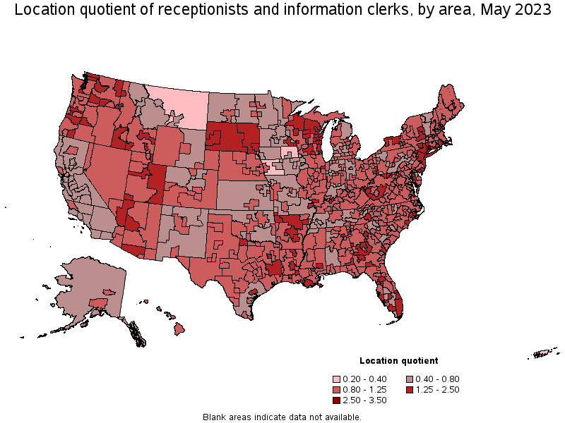 Map of location quotient of receptionists and information clerks by area, May 2022