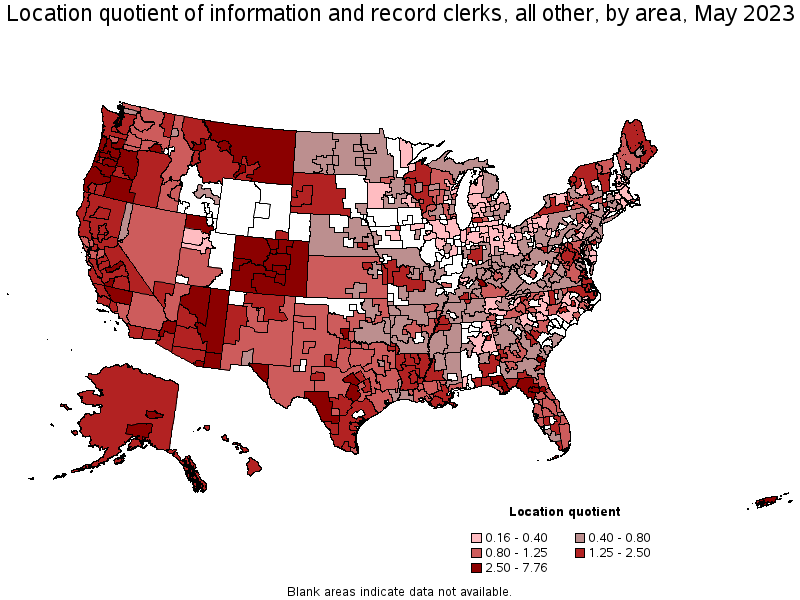 Map of location quotient of information and record clerks, all other by area, May 2022