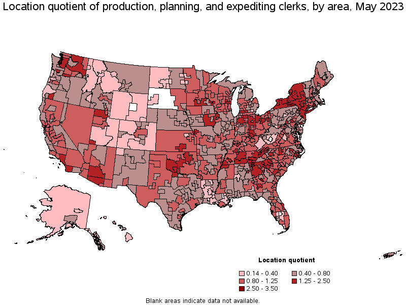 Map of location quotient of production, planning, and expediting clerks by area, May 2021