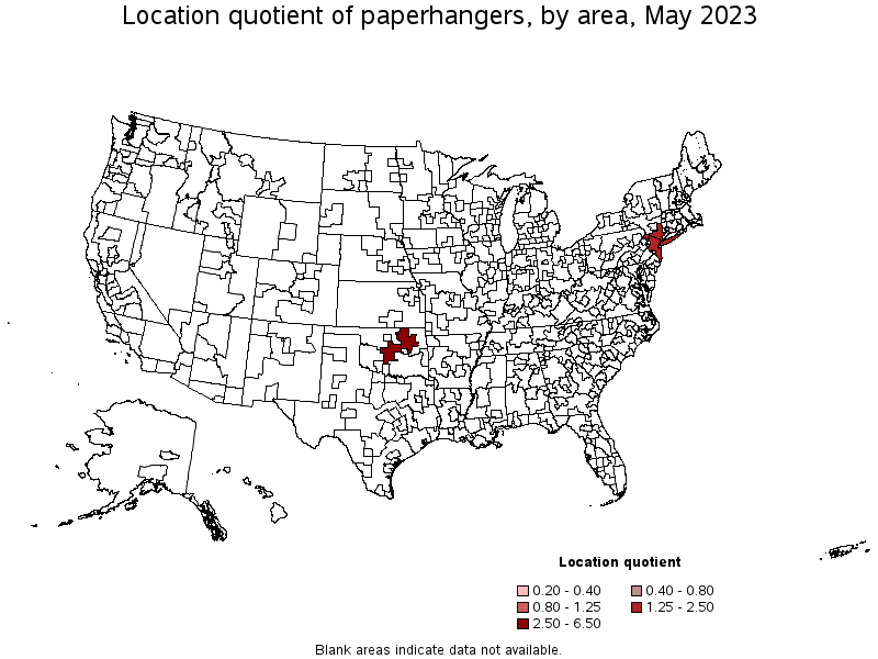 Map of location quotient of paperhangers by area, May 2021