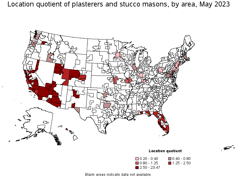 Map of location quotient of plasterers and stucco masons by area, May 2021