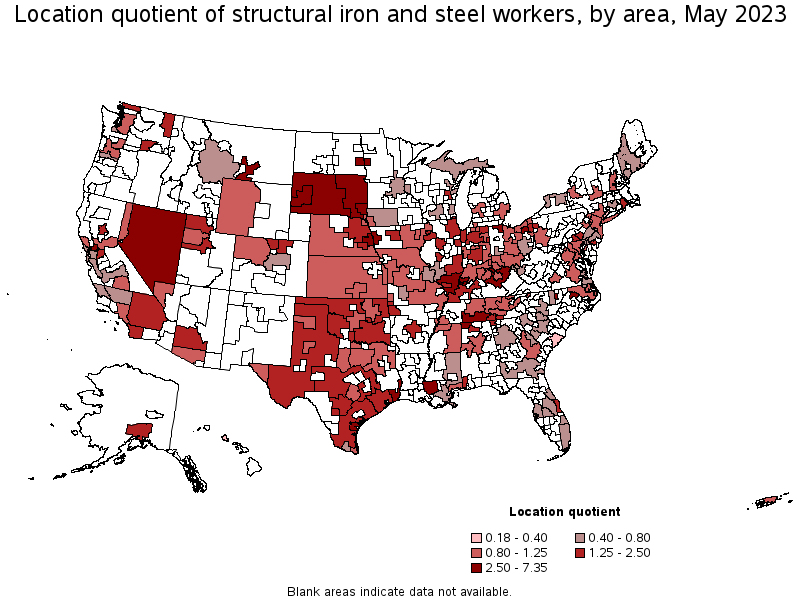Map of location quotient of structural iron and steel workers by area, May 2022