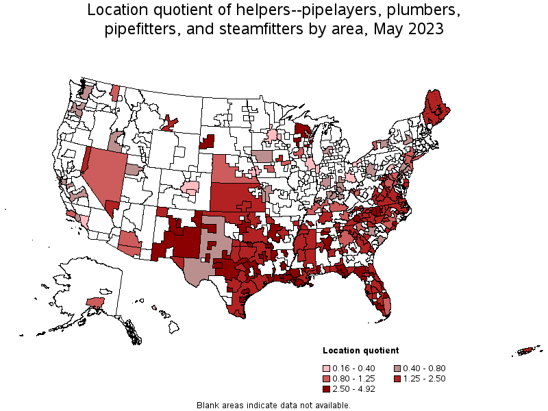 Map of location quotient of helpers--pipelayers, plumbers, pipefitters, and steamfitters by area, May 2021