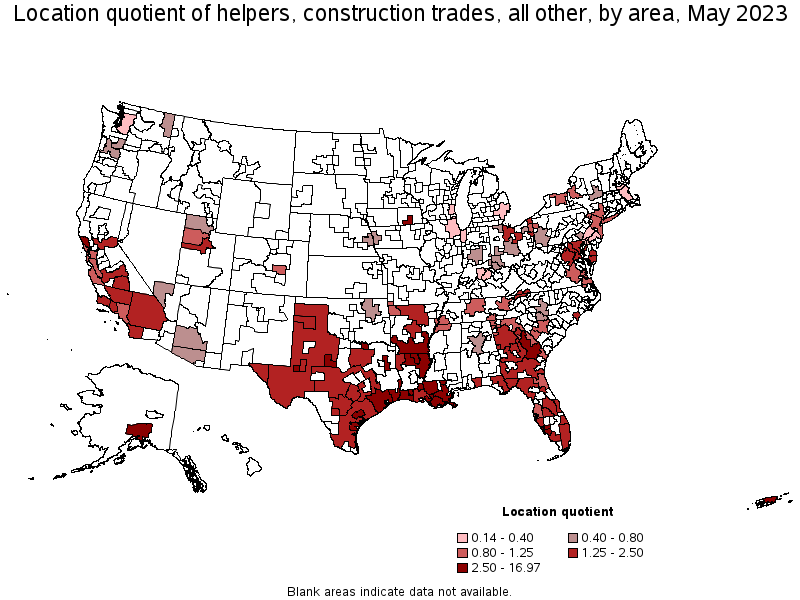 Map of location quotient of helpers, construction trades, all other by area, May 2021