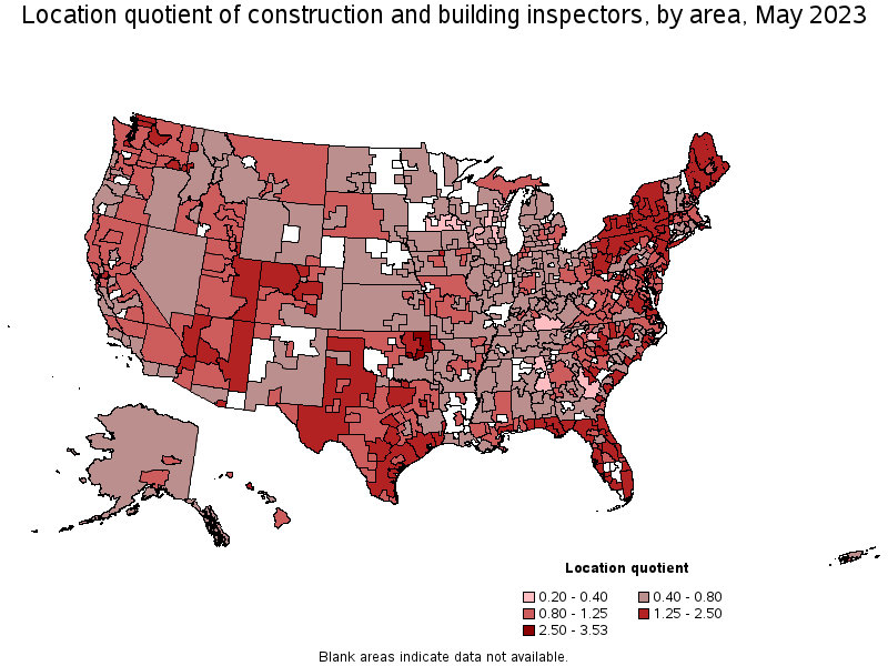Map of location quotient of construction and building inspectors by area, May 2022
