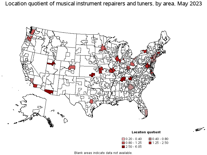 Map of location quotient of musical instrument repairers and tuners by area, May 2022