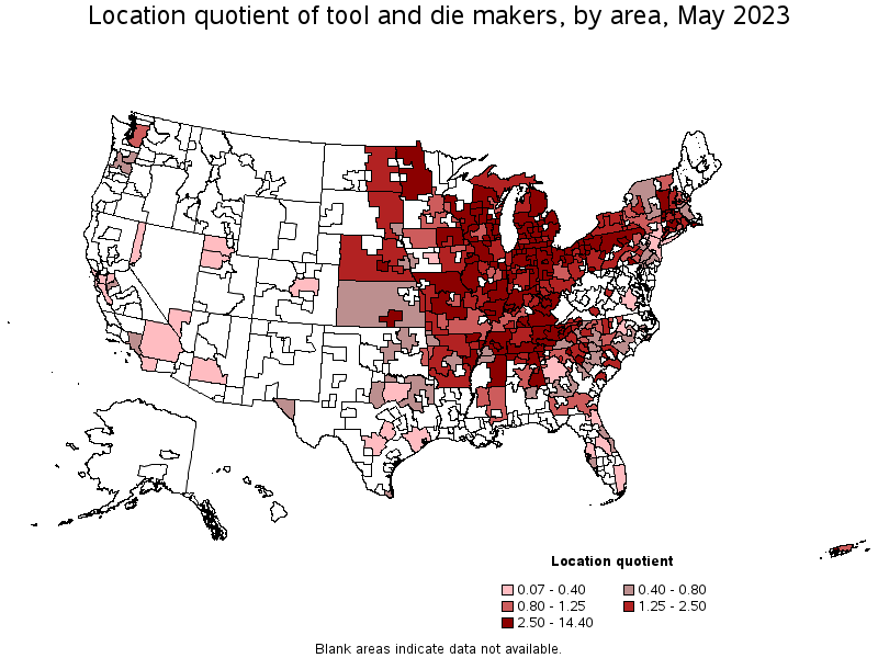Map of location quotient of tool and die makers by area, May 2021