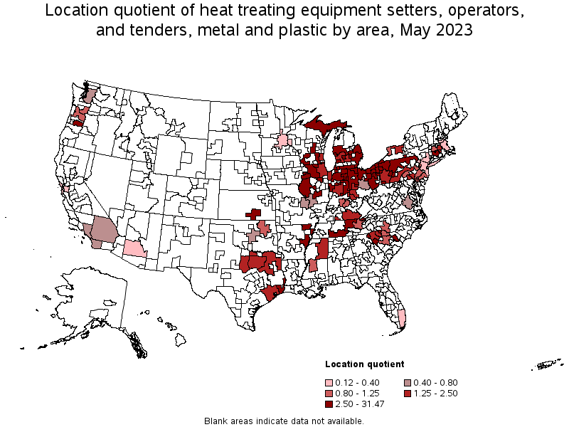 Map of location quotient of heat treating equipment setters, operators, and tenders, metal and plastic by area, May 2022