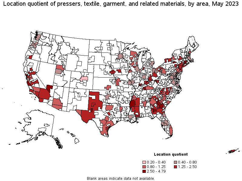 Map of location quotient of pressers, textile, garment, and related materials by area, May 2022