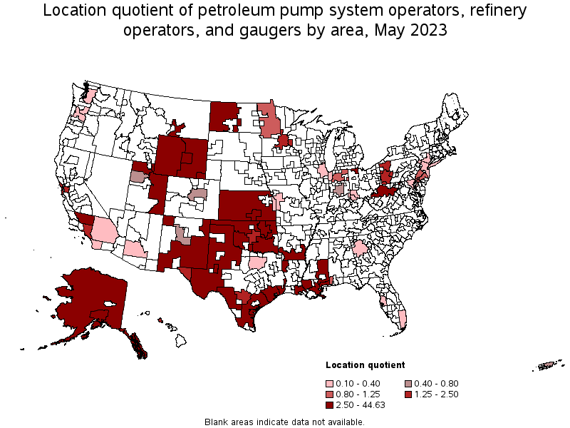 Map of location quotient of petroleum pump system operators, refinery operators, and gaugers by area, May 2021