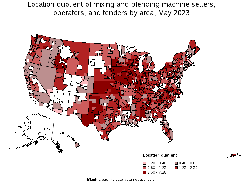 Map of location quotient of mixing and blending machine setters, operators, and tenders by area, May 2021