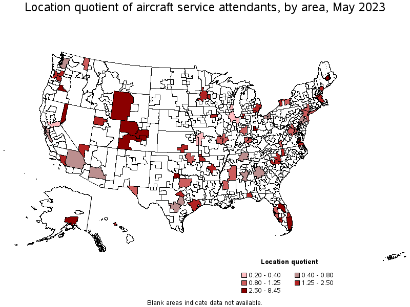 Map of location quotient of aircraft service attendants by area, May 2022