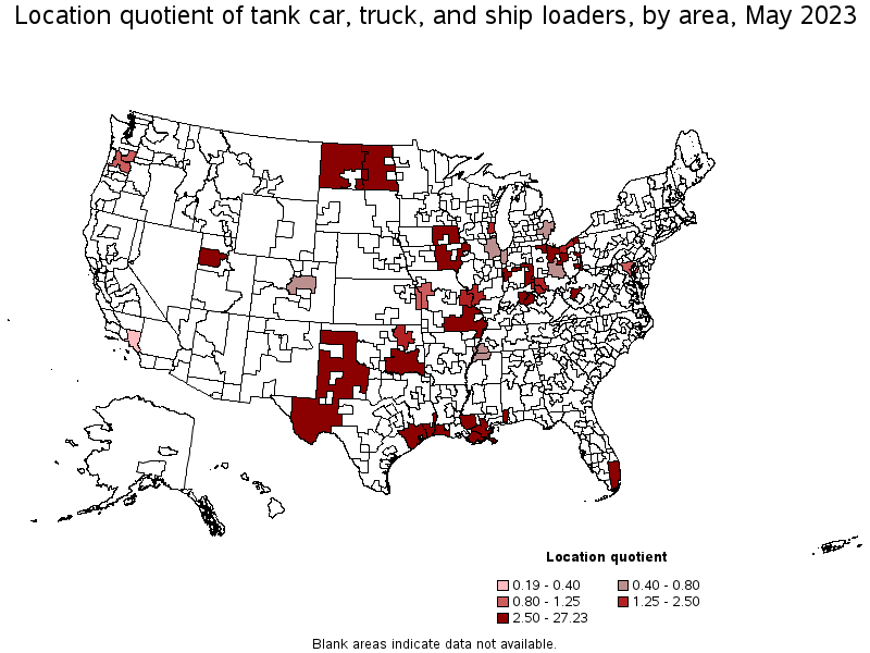 Map of location quotient of tank car, truck, and ship loaders by area, May 2022