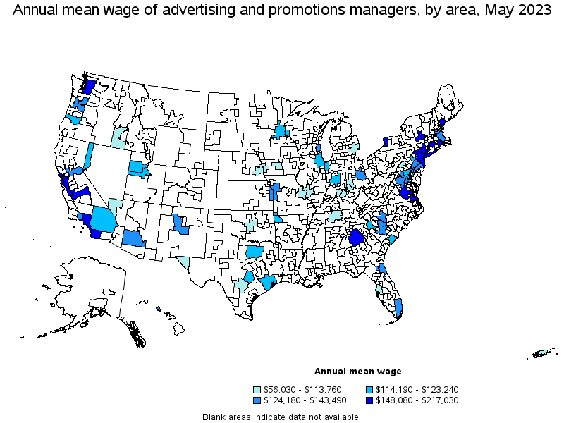 Map of annual mean wages of advertising and promotions managers by area, May 2022