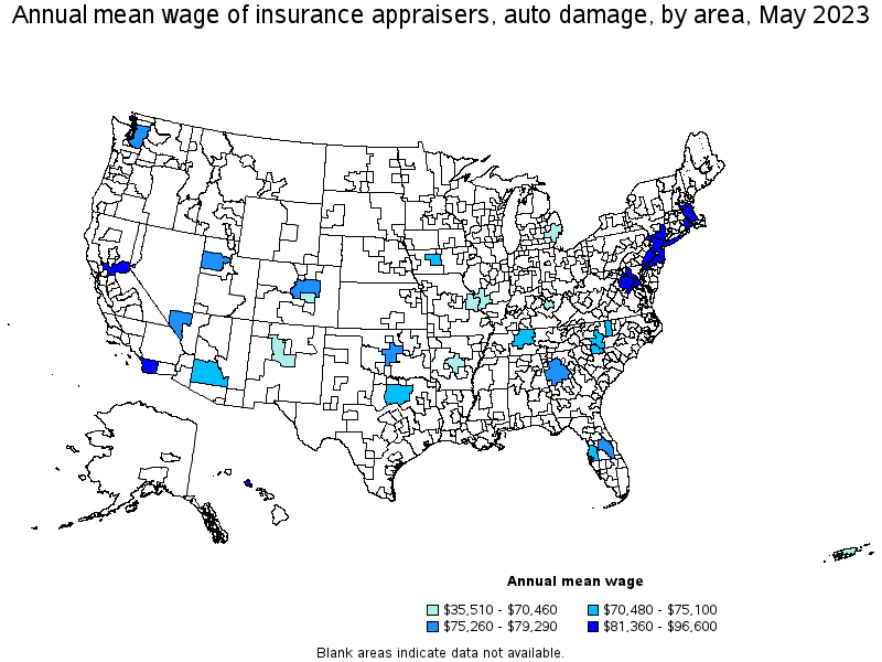 Map of annual mean wages of insurance appraisers, auto damage by area, May 2021