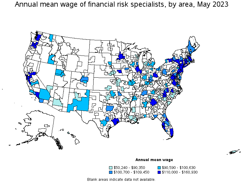 Map of annual mean wages of financial risk specialists by area, May 2022